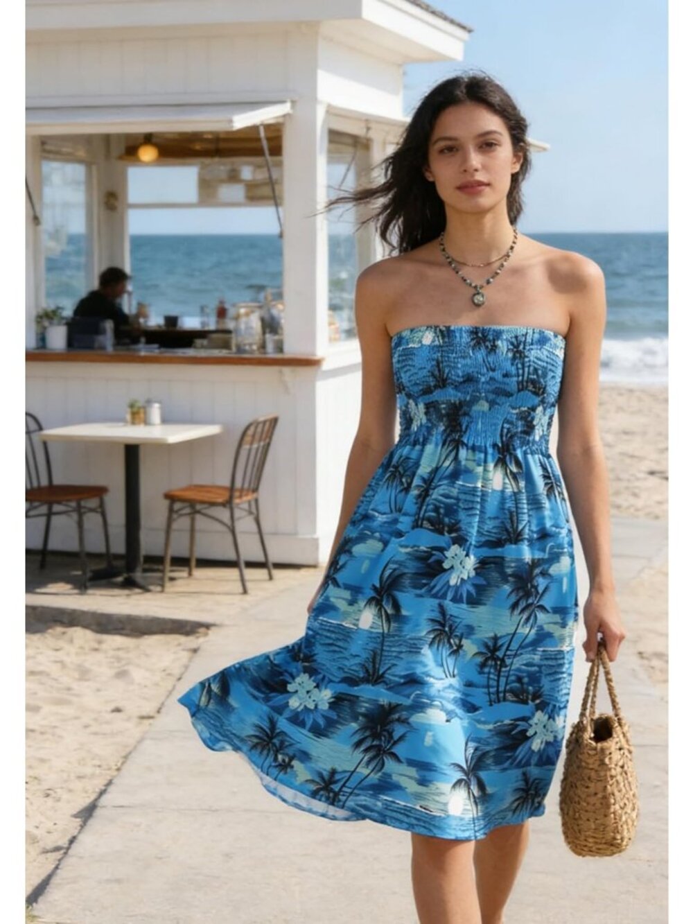 Women's Topical Blue Strapless Smocked Tube Top for Summer Beach Boho Mini Dress - Picture 2 of 6